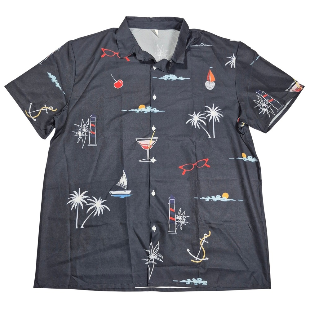 Novelty Print Shirt Mens XXXL Nautical Tropical Polyester Black Summer